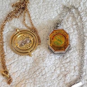 Harry Potter Necklace Lot - Time Turner and Slytherin Locket